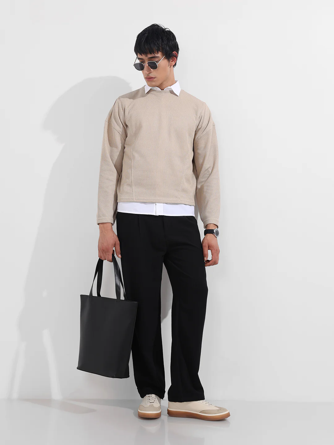 Men's Beige Boxy Fit Textured Casual T-Shirt - Image 2