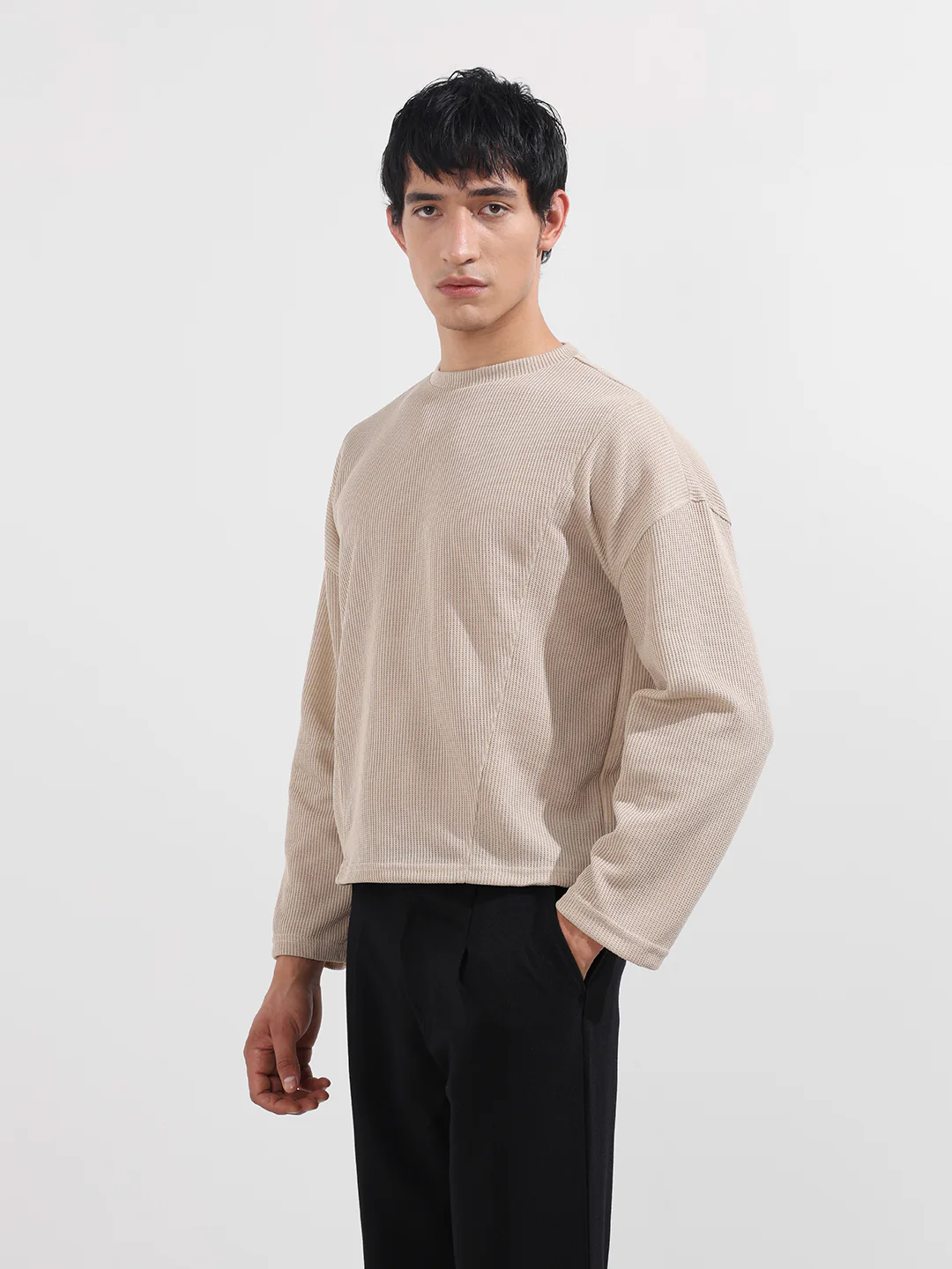Men's Beige Boxy Fit Textured Casual T-Shirt - Image 3
