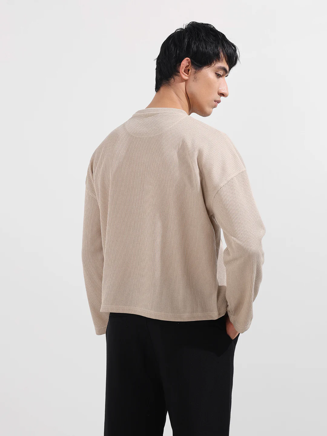 Men's Beige Boxy Fit Textured Casual T-Shirt - Image 5