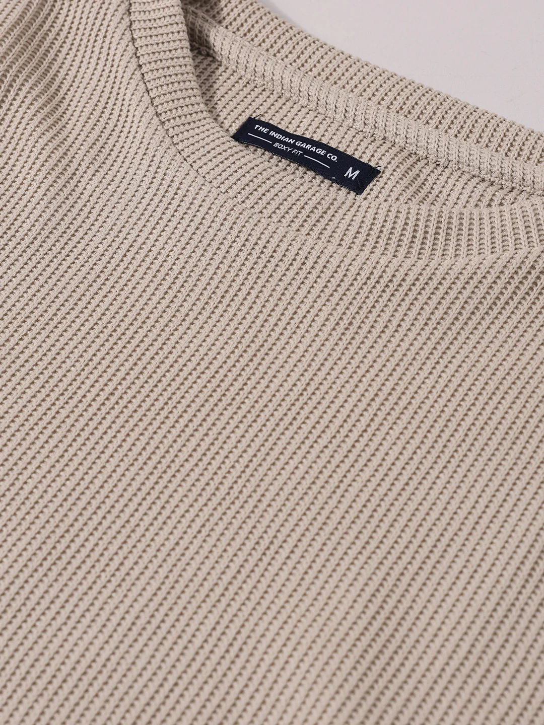 Men's Beige Boxy Fit Textured Casual T-Shirt - Image 6