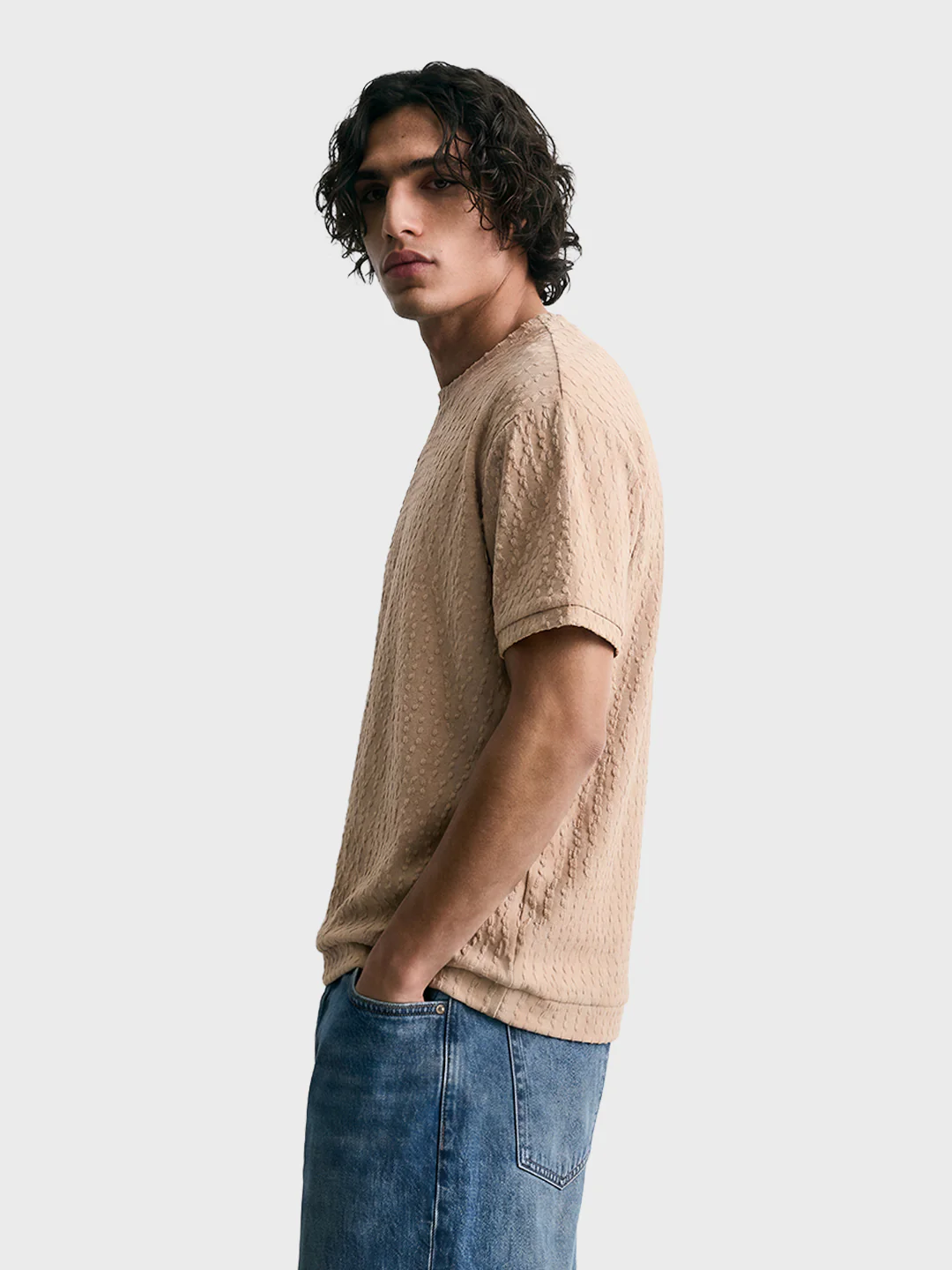 Men's Beige Boxy Fit Textured Resort Wear T-Shirt - Image 2