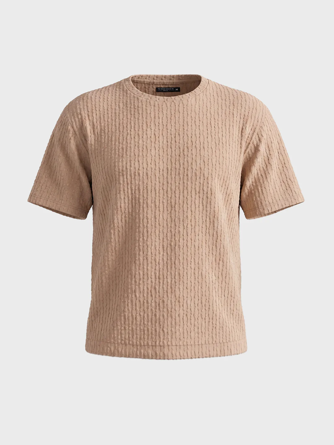 Men's Beige Boxy Fit Textured Resort Wear T-Shirt - Image 4