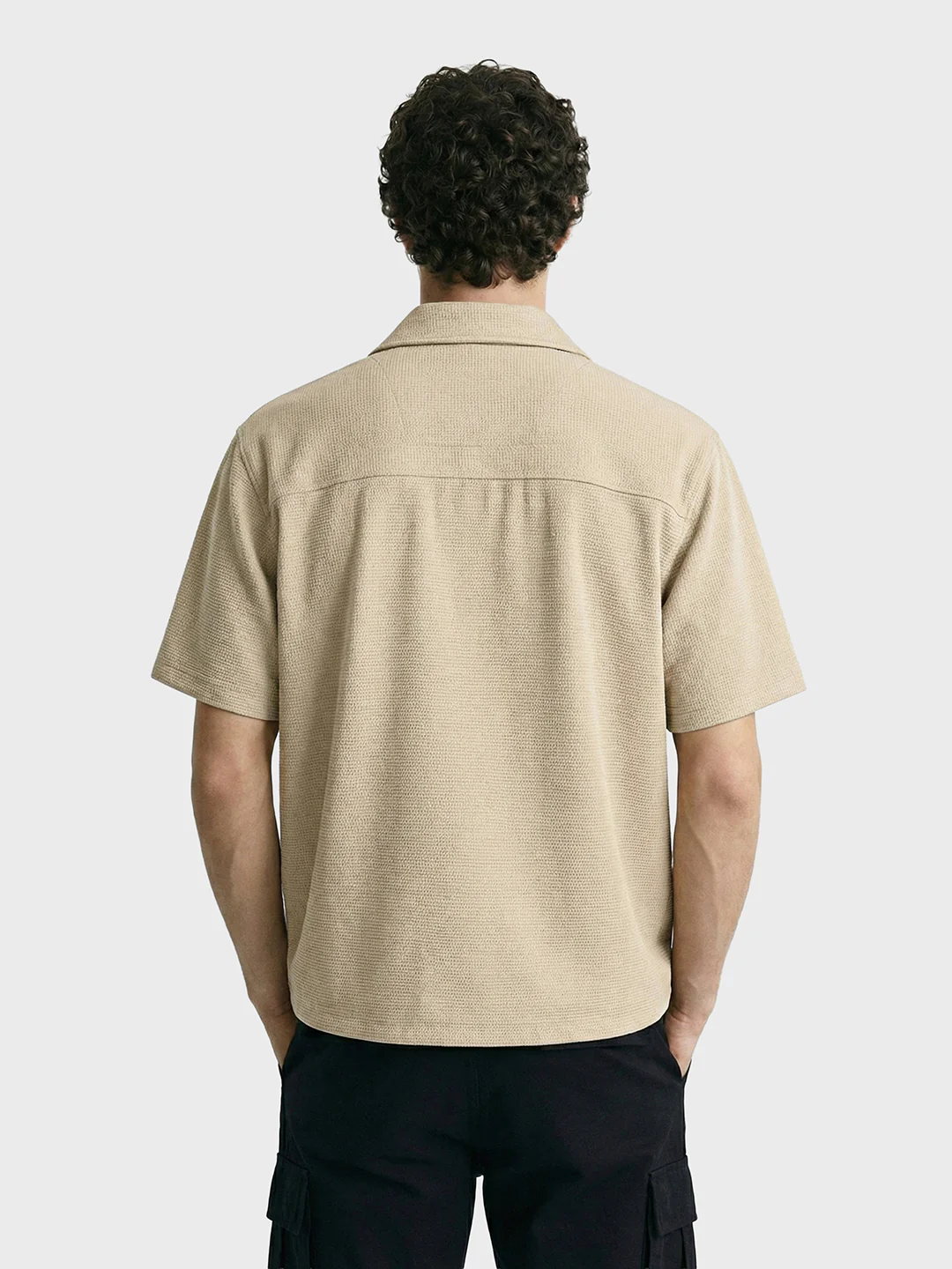 Men's Beige Boxy Fit Textured Utility Shirt - Image 2
