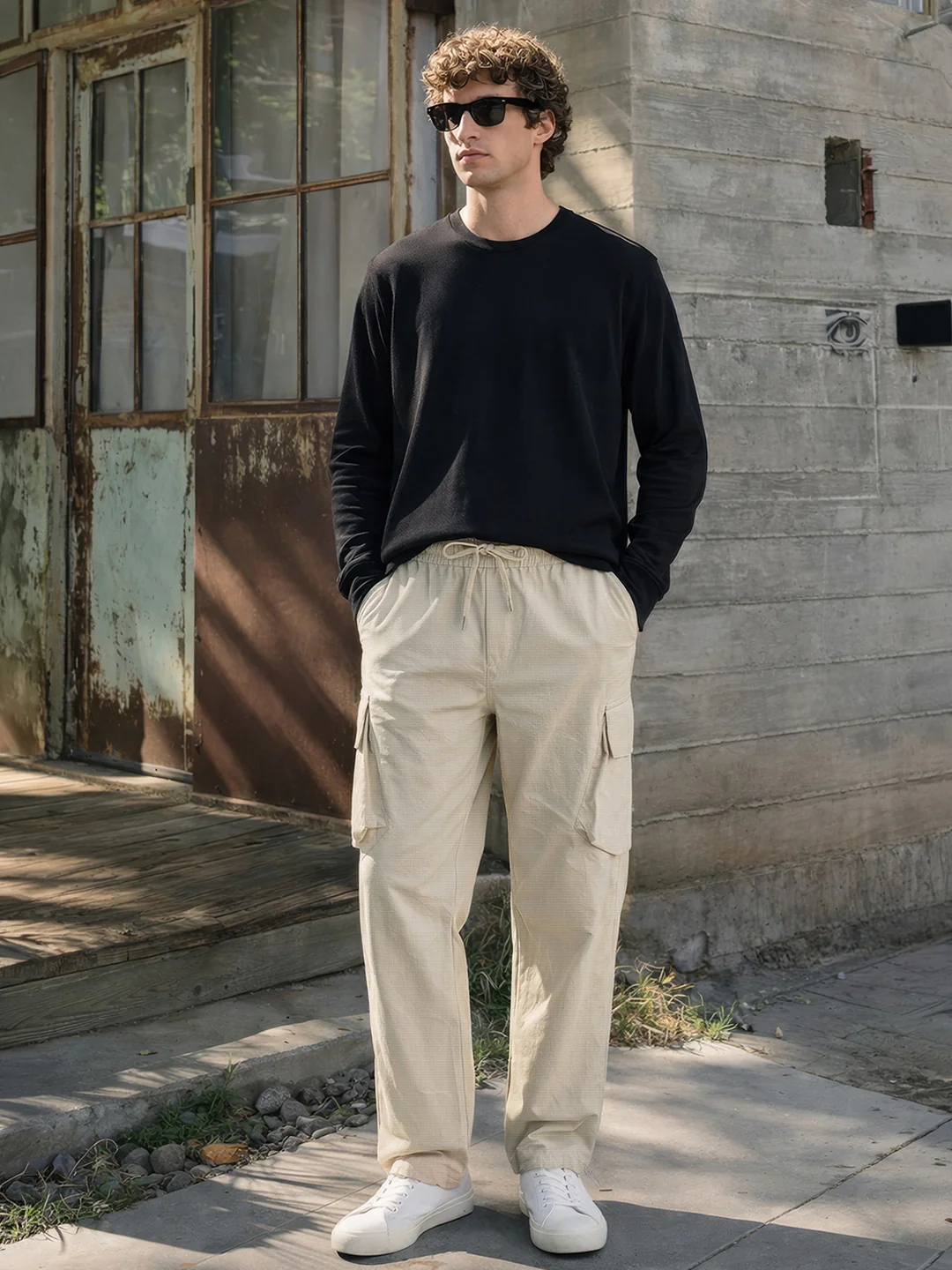 Men's Beige Loose Fit Solid Utility Cargo - Image 3