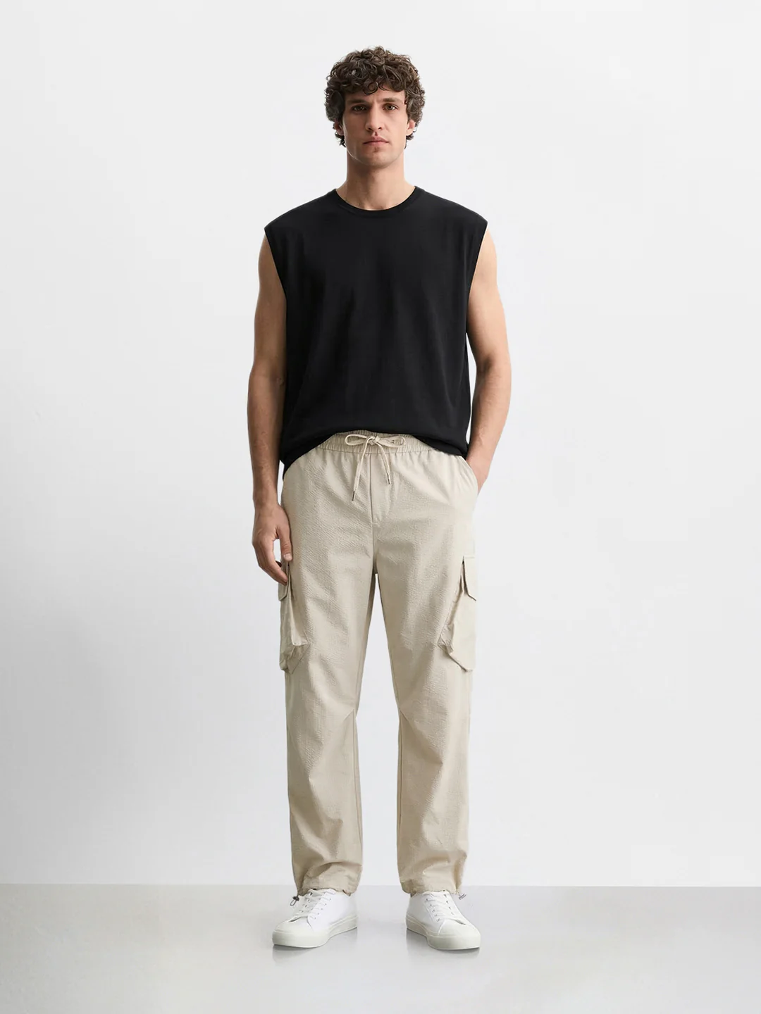 Men's Beige Loose Fit Solid Utility Cargo - Image 5