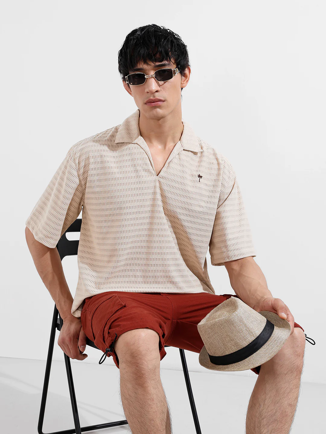 Men's Beige Oversized Fit Resort Wear Textured Shirt - Image 2
