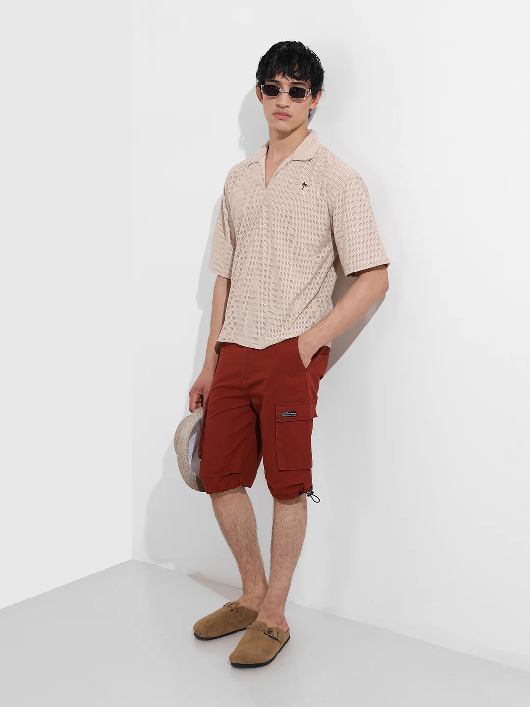 Men's Beige Oversized Fit Resort Wear Textured Shirt - Image 3