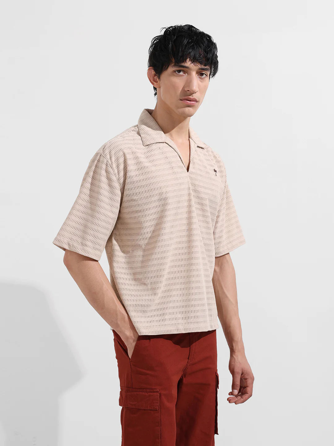 Men's Beige Oversized Fit Resort Wear Textured Shirt - Image 4