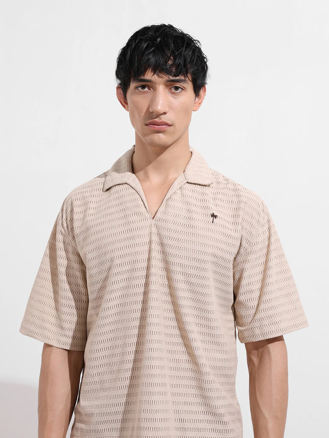Men's Beige Oversized Fit Resort Wear Textured Shirt - Image 5