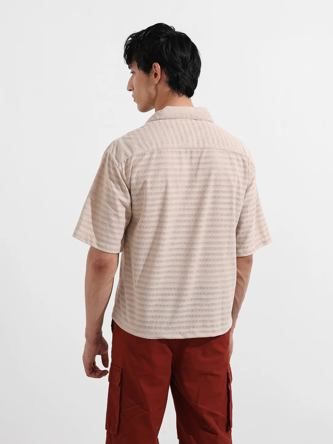 Men's Beige Oversized Fit Resort Wear Textured Shirt - Image 6