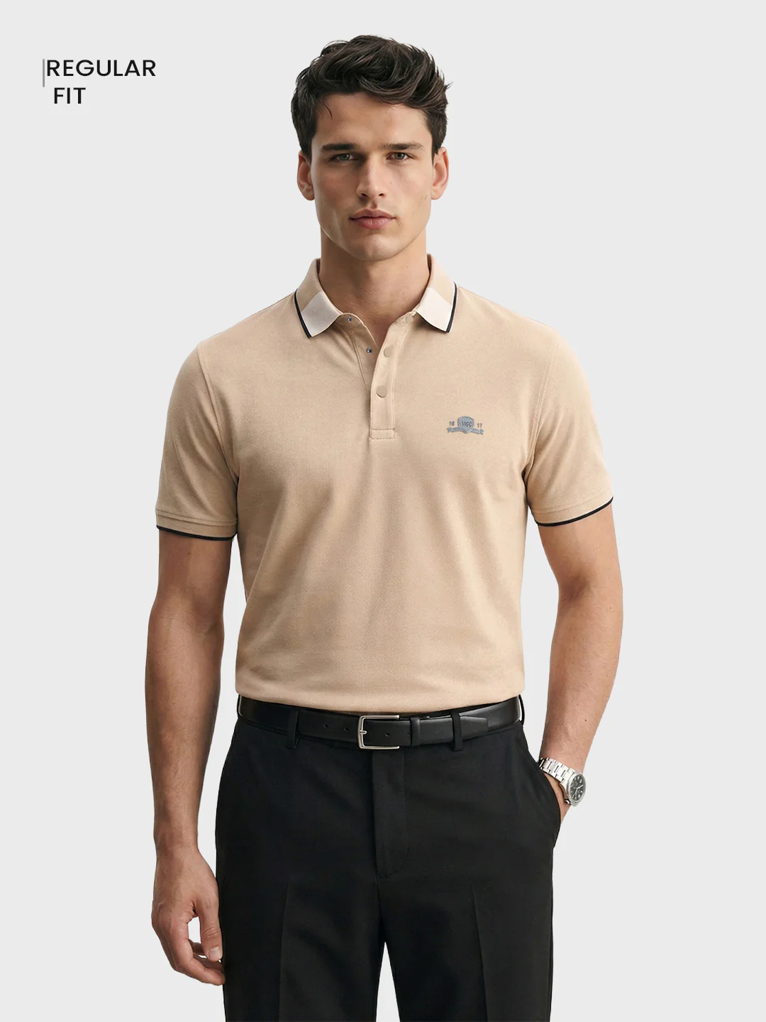 Men's Beige Regular Fit Embroidered Casual T-Shirts - Image 2