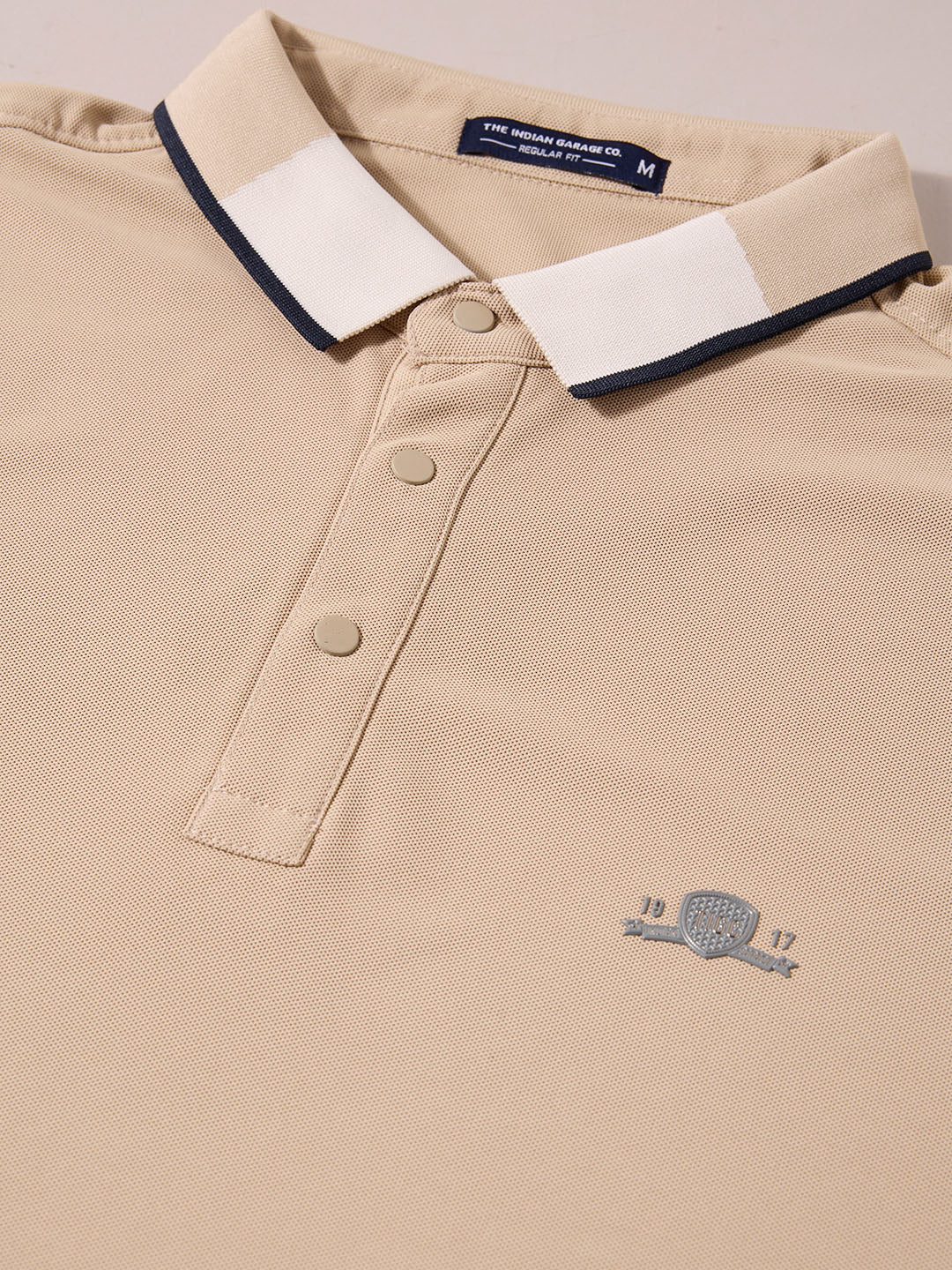 Men's Beige Regular Fit Embroidered Casual T-Shirts - Image 3