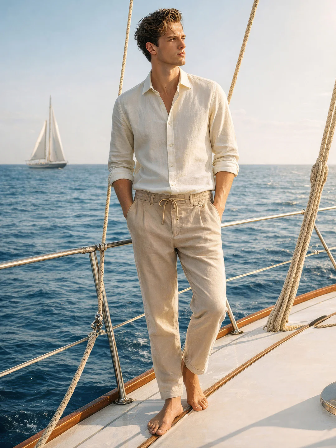 Men's Beige Regular Fit Solid Casual Trousers - Image 3