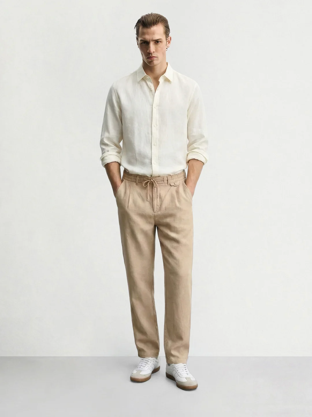 Men's Beige Regular Fit Solid Casual Trousers - Image 4