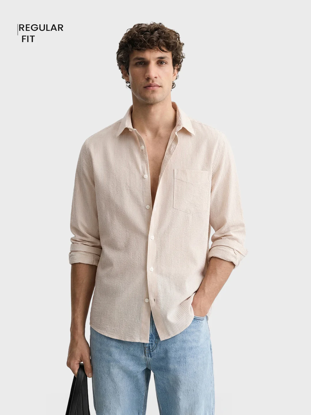 Men's Beige Regular Fit Striped Casual Shirt - Image 2