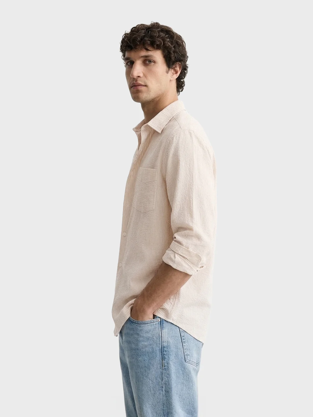 Men's Beige Regular Fit Striped Casual Shirt - Image 4