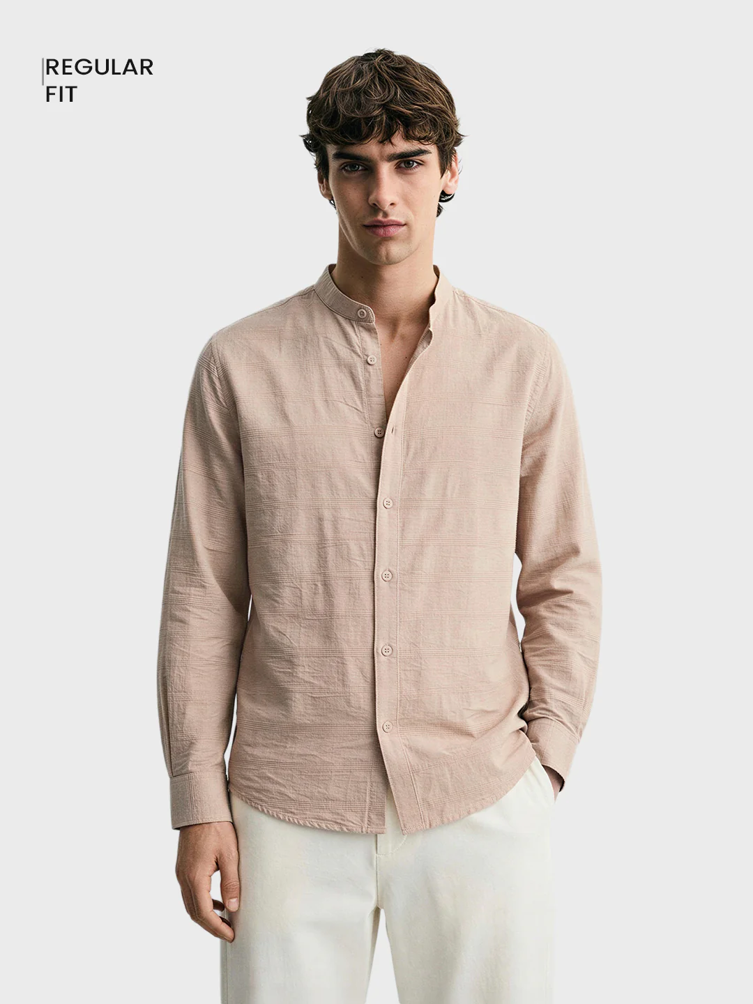Men's Beige Regular Fit Textured Resort Wear Shirt - Image 2