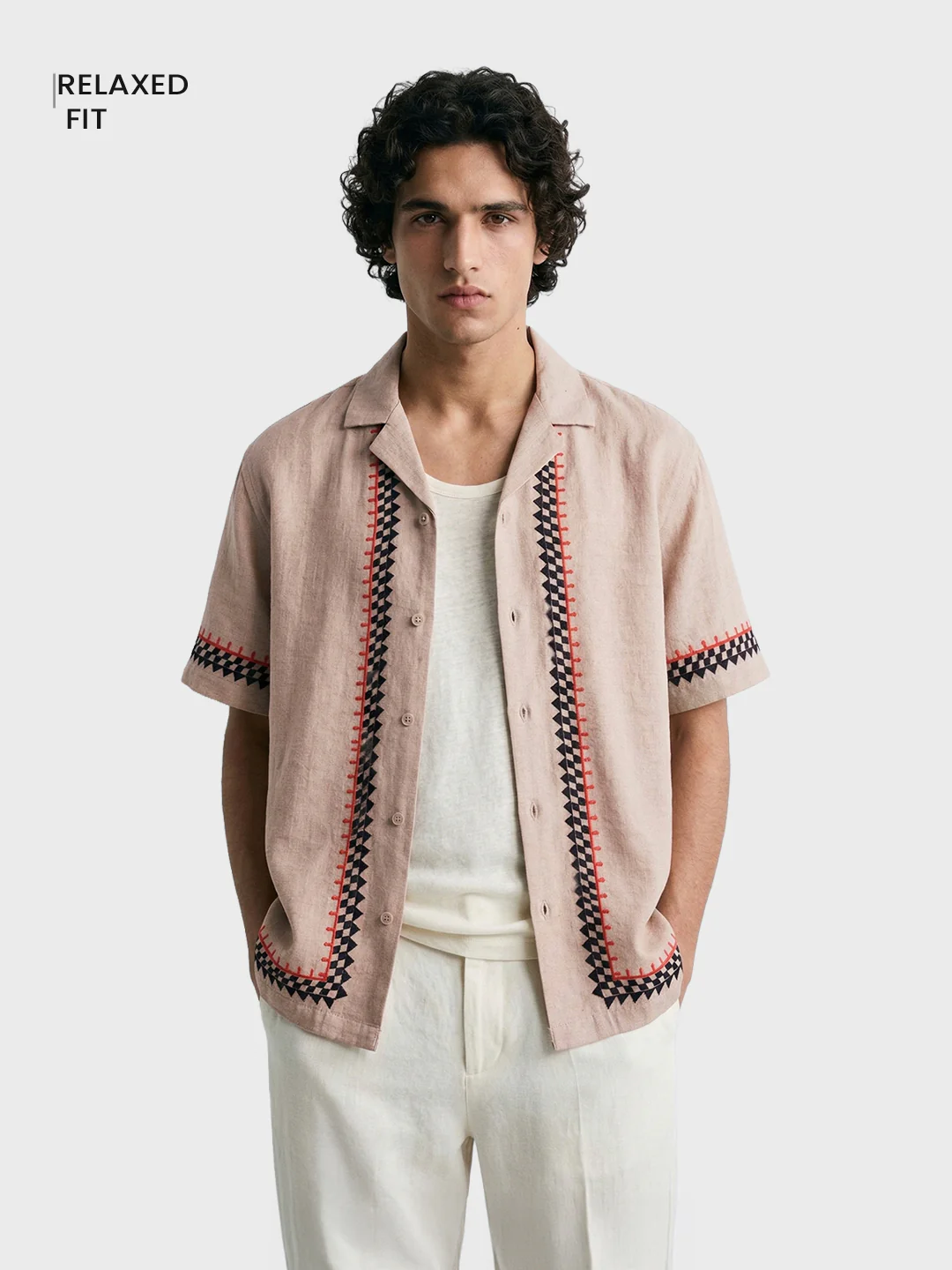 Men's Beige Relaxed Fit Embroidered Casual Shirt - Image 2