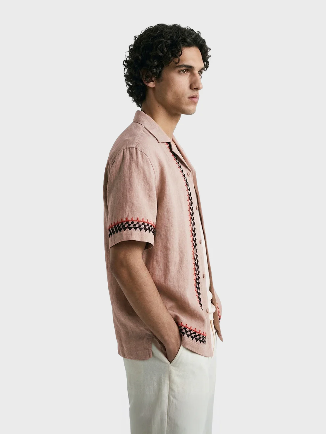 Men's Beige Relaxed Fit Embroidered Casual Shirt - Image 3