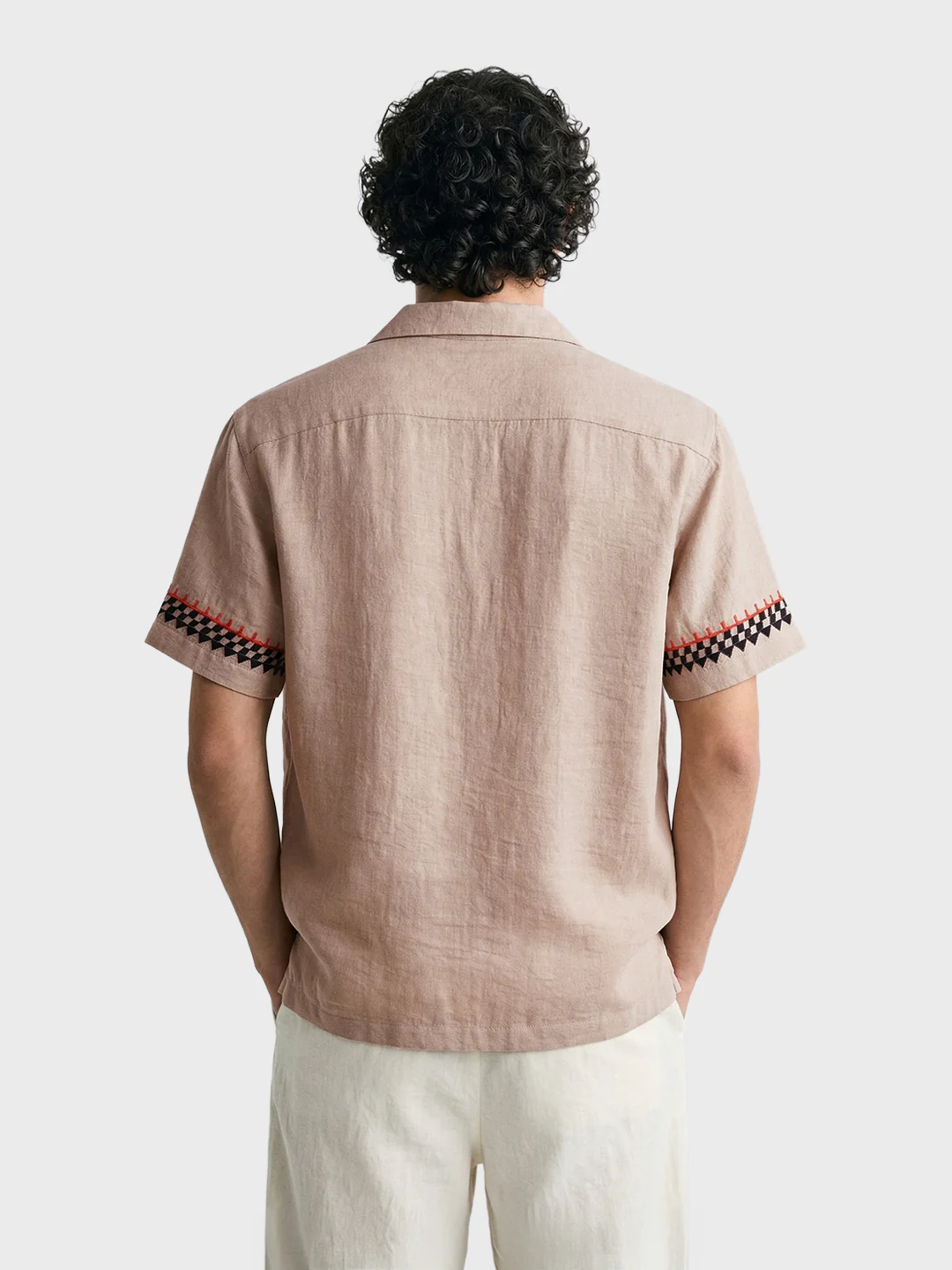 Men's Beige Relaxed Fit Embroidered Casual Shirt - Image 4