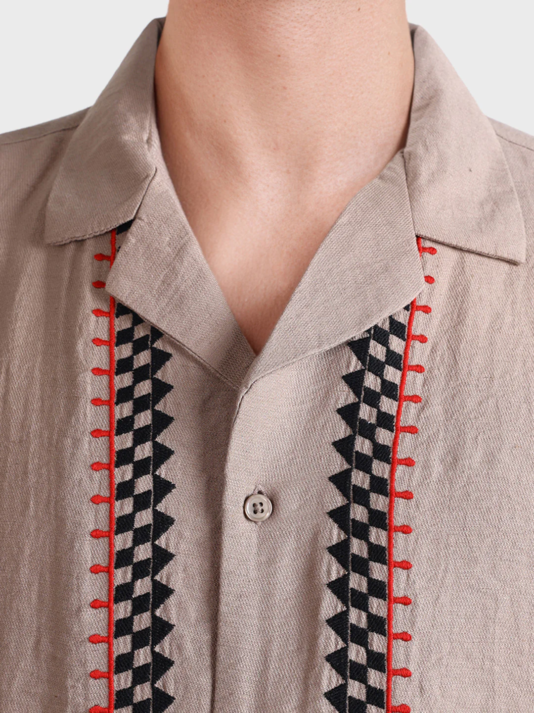 Men's Beige Relaxed Fit Embroidered Casual Shirt - Image 7
