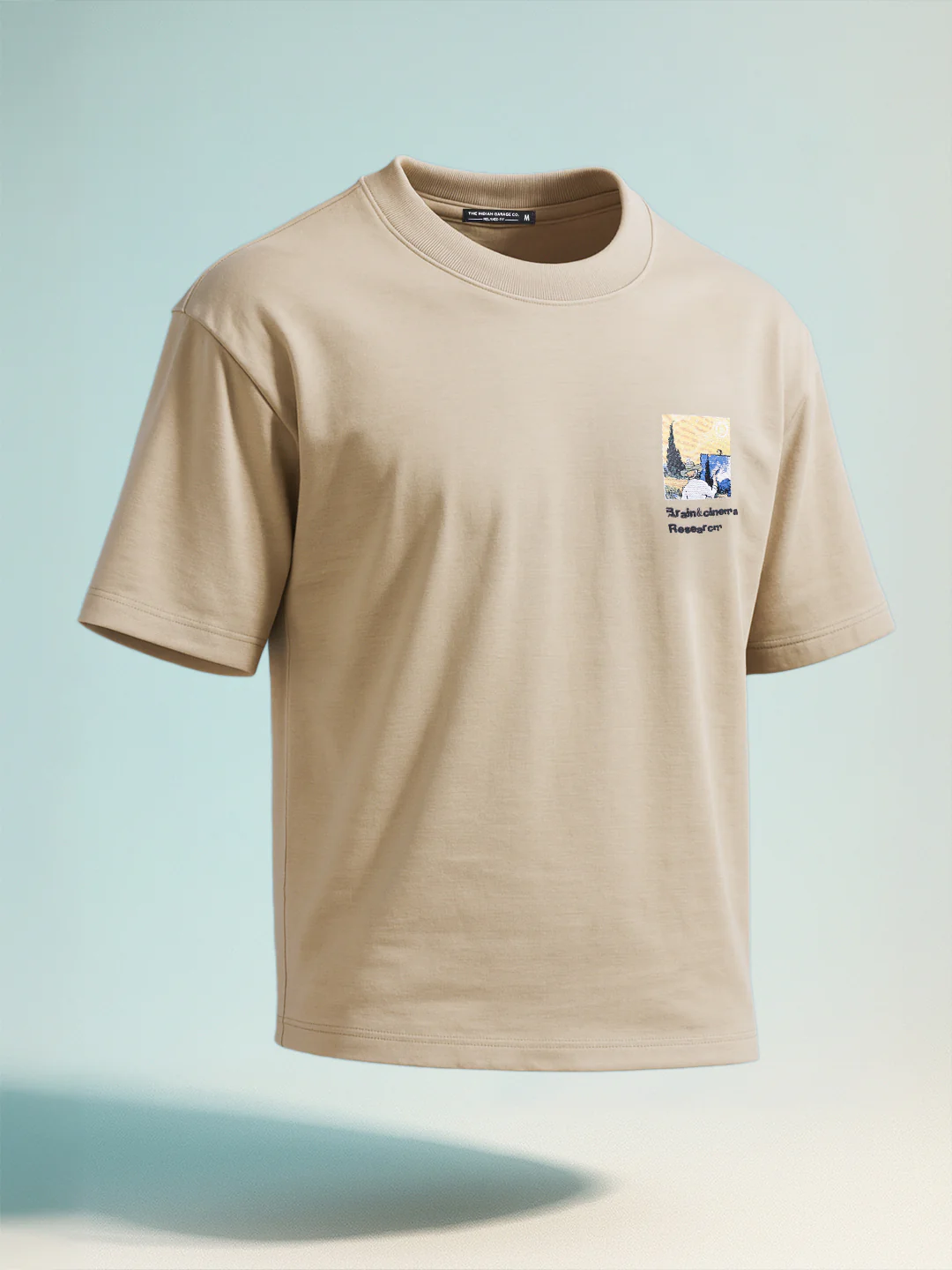 Men's Beige Relaxed Fit Embroided 240 GSM Casual T-Shirt - Image 2
