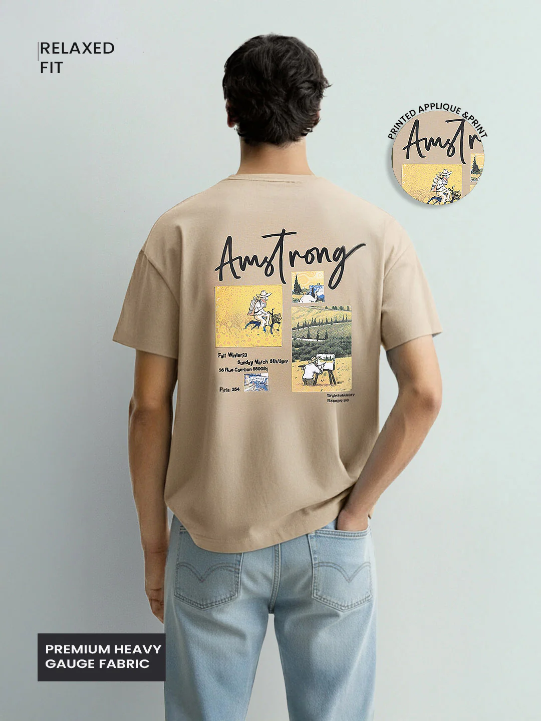 Men's Beige Relaxed Fit Embroided 240 GSM Casual T-Shirt - Image 3