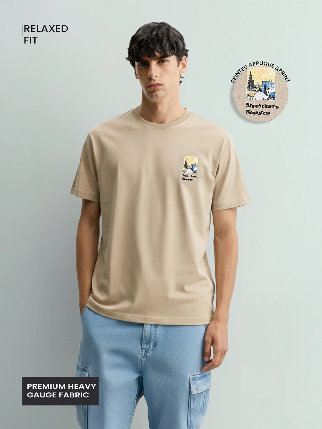Men's Beige Relaxed Fit Embroided 240 GSM Casual T-Shirt - Image 4