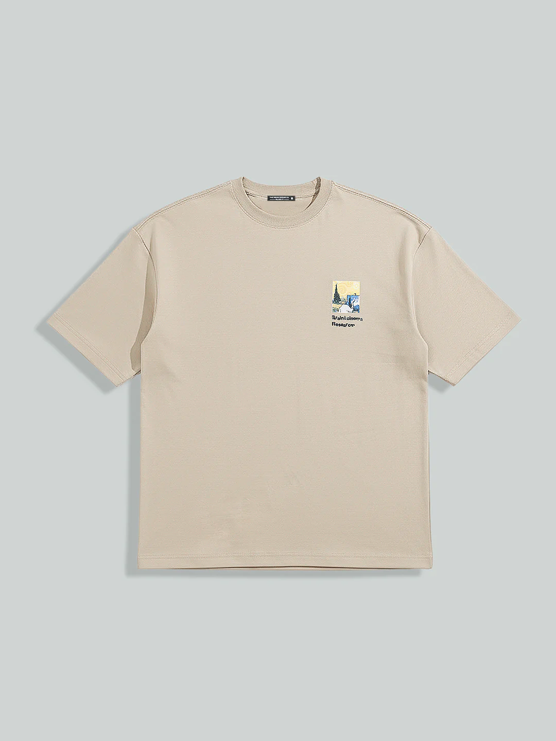 Men's Beige Relaxed Fit Embroided 240 GSM Casual T-Shirt - Image 5