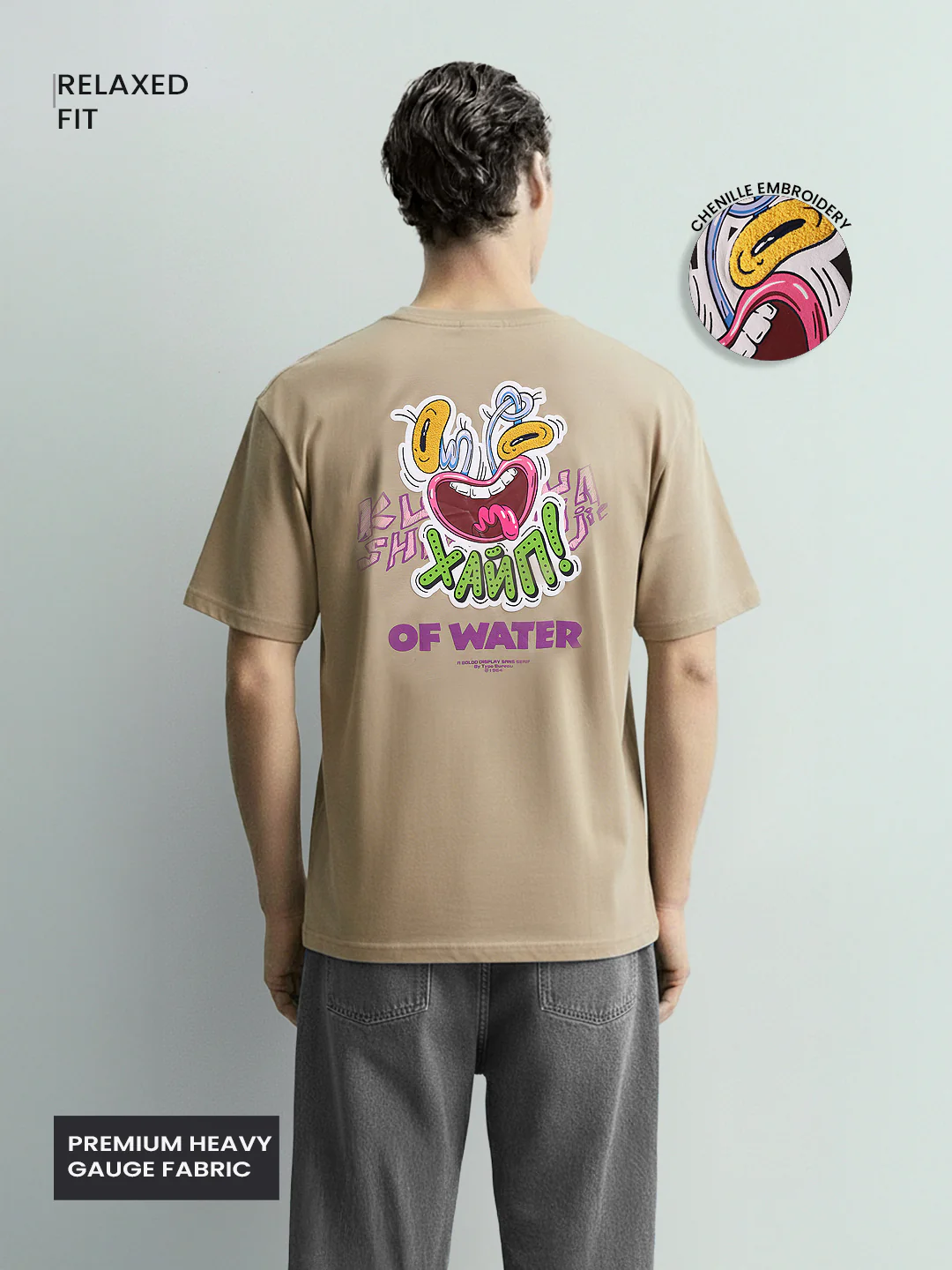 Men's Beige Relaxed Fit Embroided 240 GSM Graphic  T-Shirt - Image 3