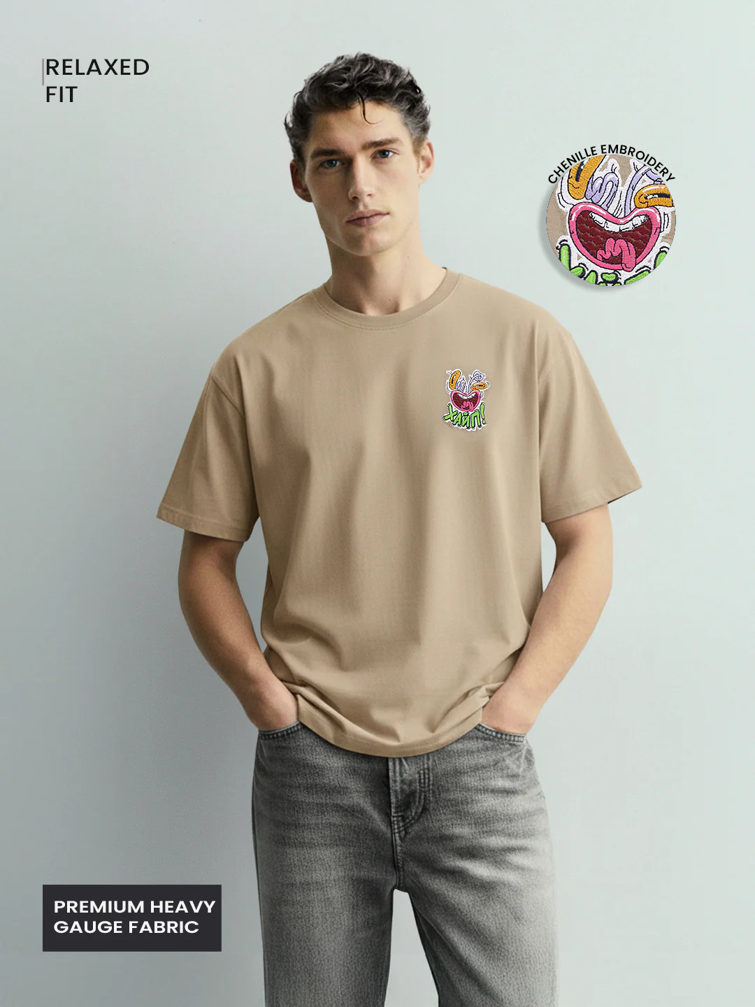Men's Beige Relaxed Fit Embroided 240 GSM Graphic  T-Shirt - Image 4