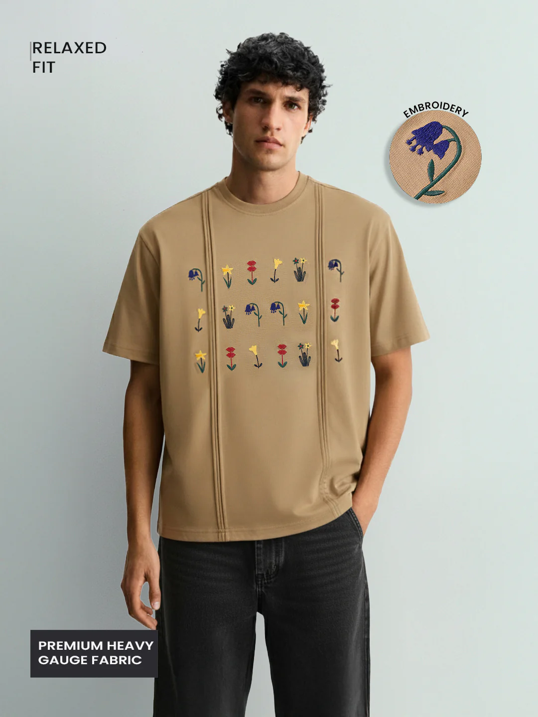 Men's Beige Relaxed Fit Embroided 240 GSM Resort Wear T-Shirt - Image 3