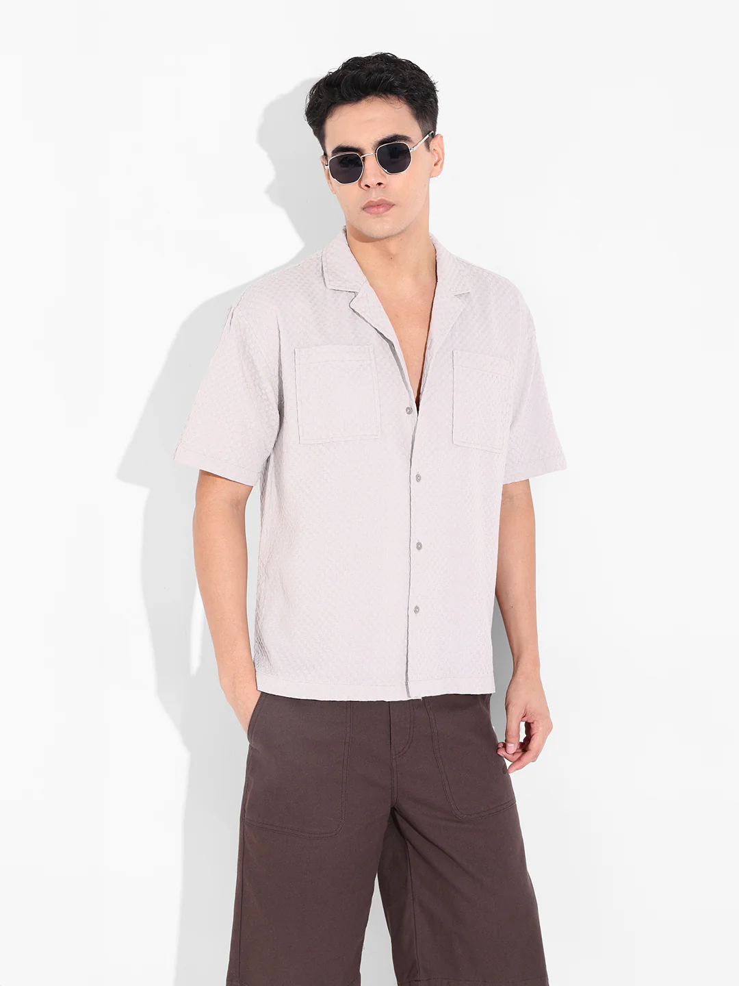 Men's Beige Relaxed Fit Geometric Print Resort Wear Shirt