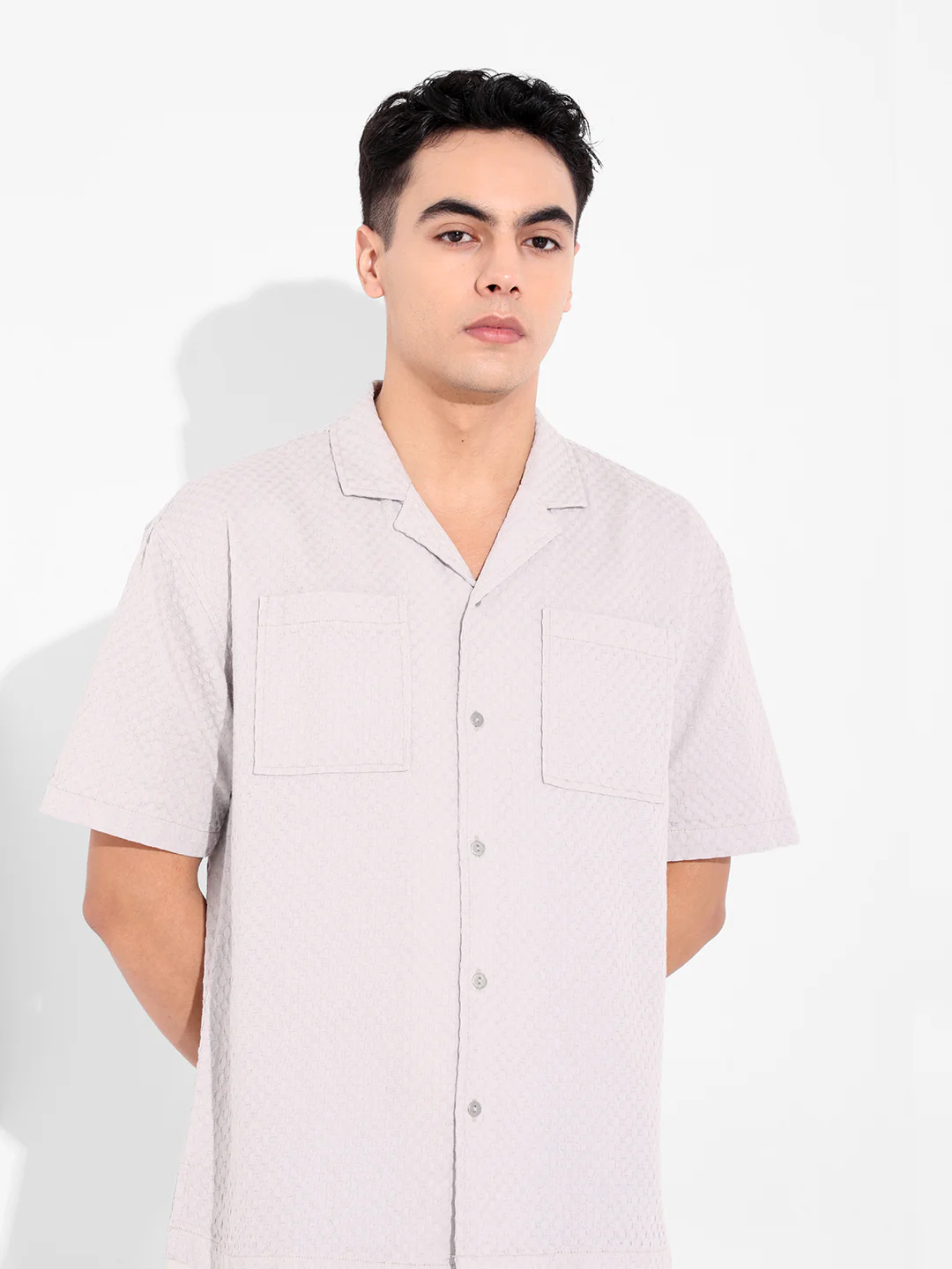 Men's Beige Relaxed Fit Geometric Print Resort Wear Shirt - Image 3