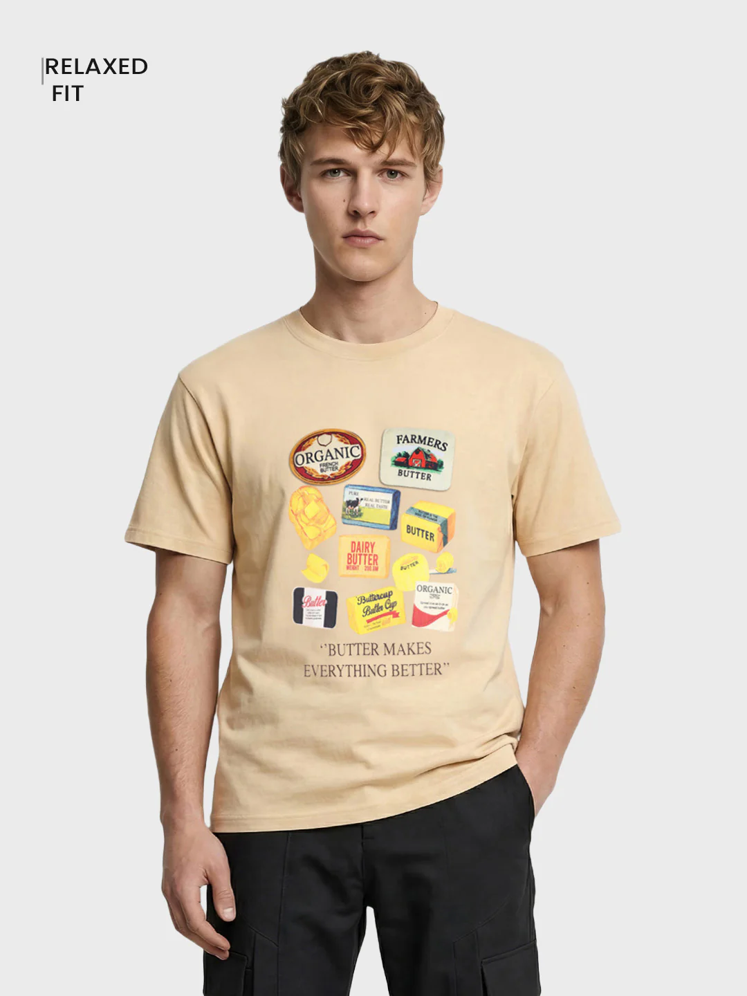 Men's Beige Relaxed Fit Printed Casual T-Shirt - Image 2