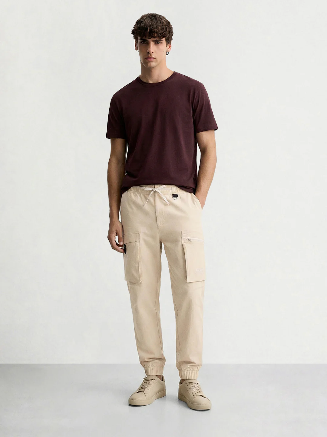 Men's Beige Relaxed Fit Solid Utility Cargo - Image 3