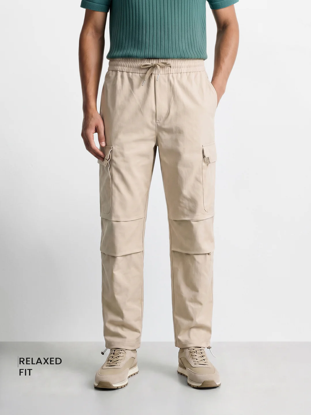 Men's Beige Relaxed Fit Solid Utility Cargo - Image 2