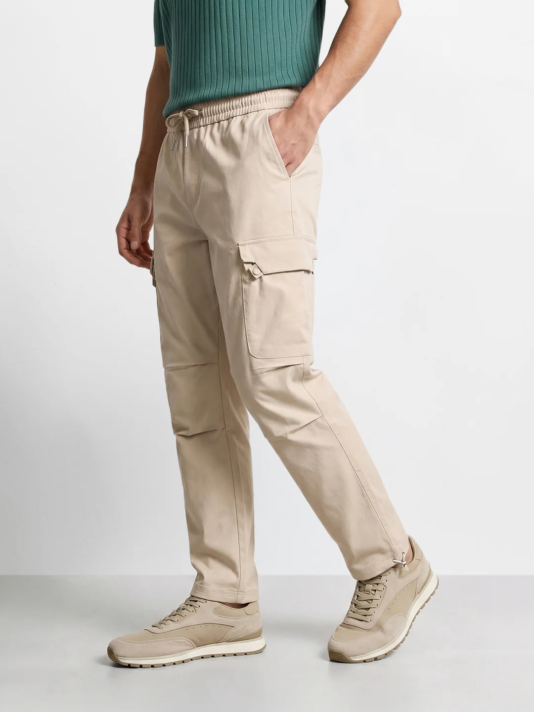 Men's Beige Relaxed Fit Solid Utility Cargo - Image 3