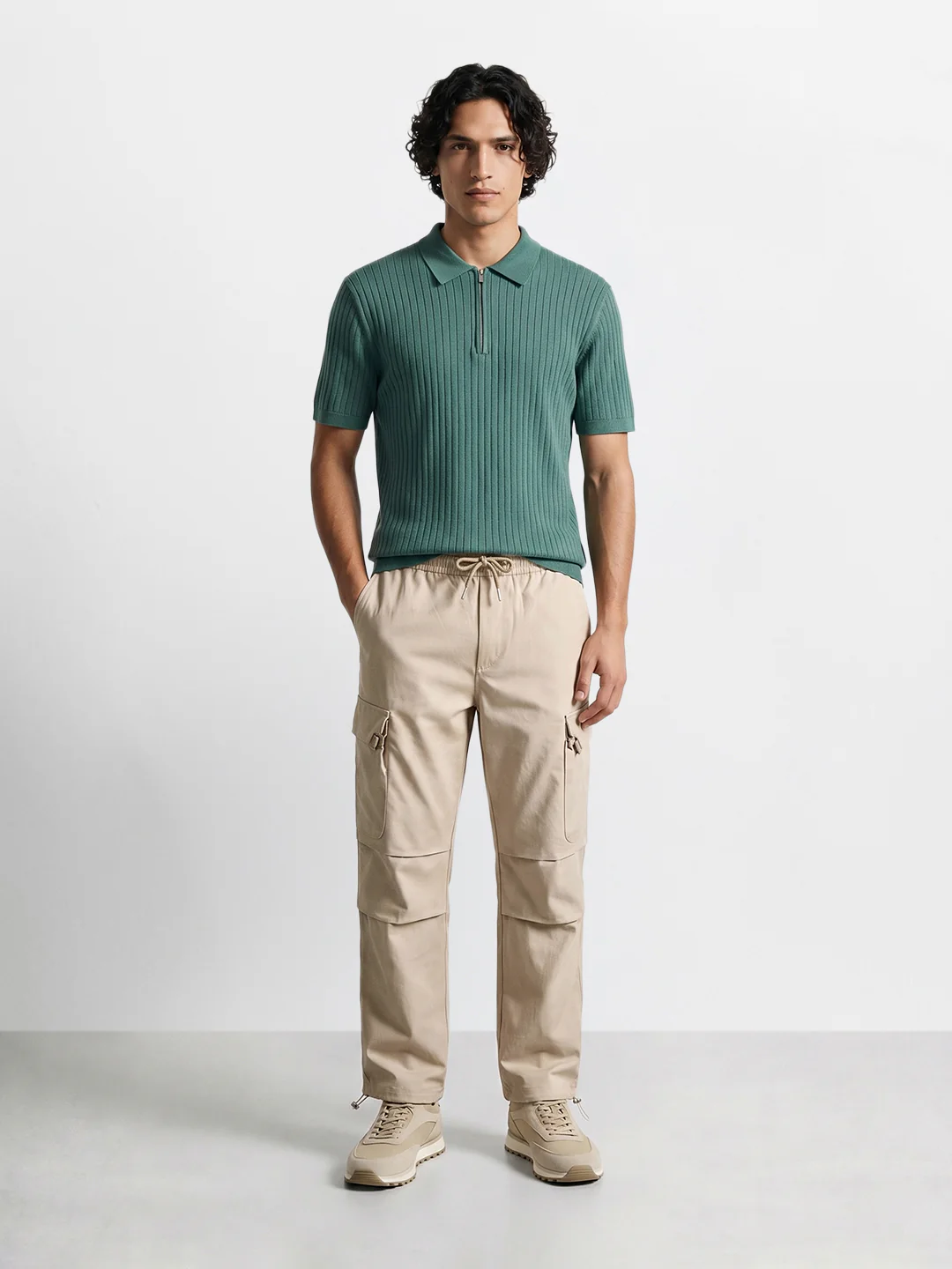Men's Beige Relaxed Fit Solid Utility Cargo - Image 5