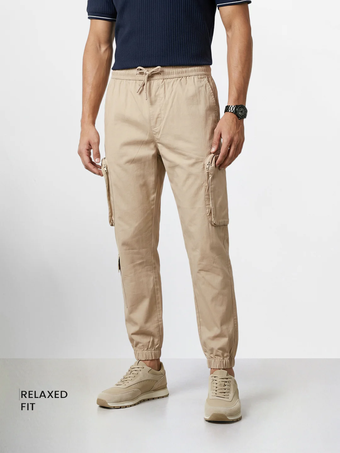 Men's Beige Relaxed Fit Solid Utility Cargo - Image 2