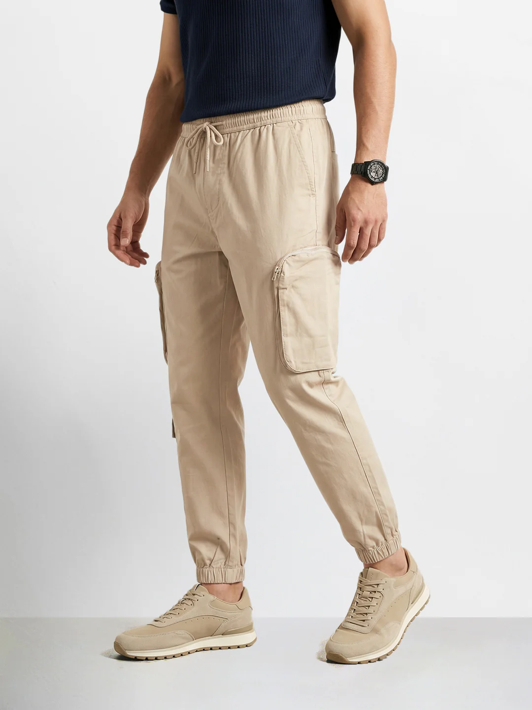 Men's Beige Relaxed Fit Solid Utility Cargo - Image 3