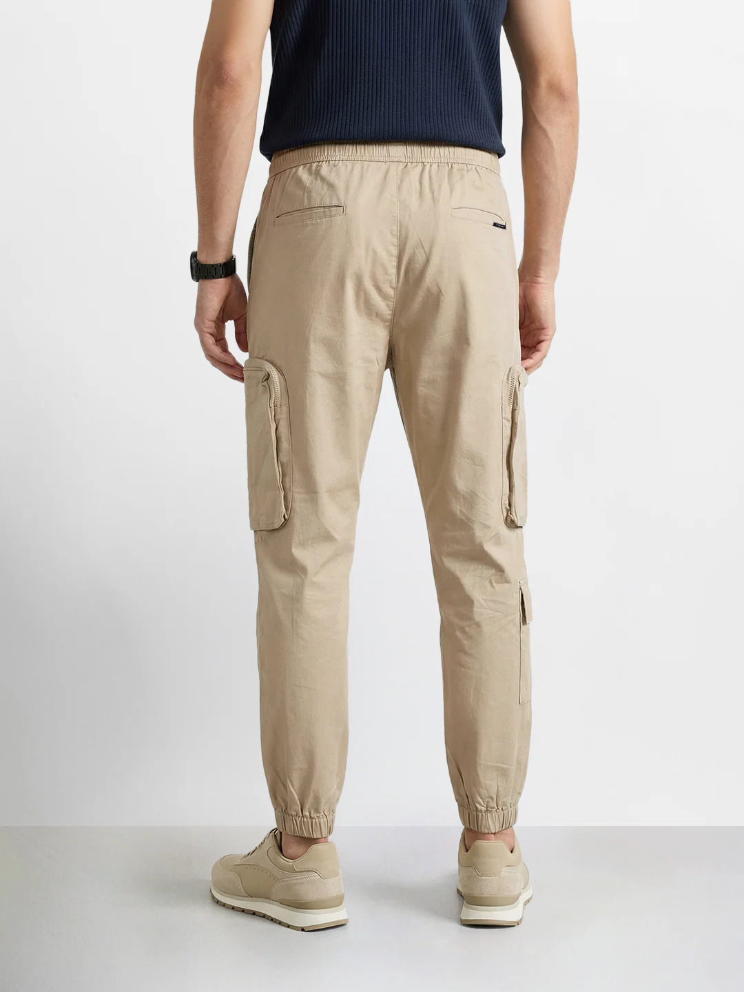 Men's Beige Relaxed Fit Solid Utility Cargo - Image 4