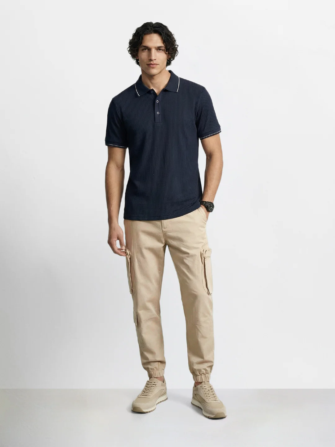Men's Beige Relaxed Fit Solid Utility Cargo - Image 5