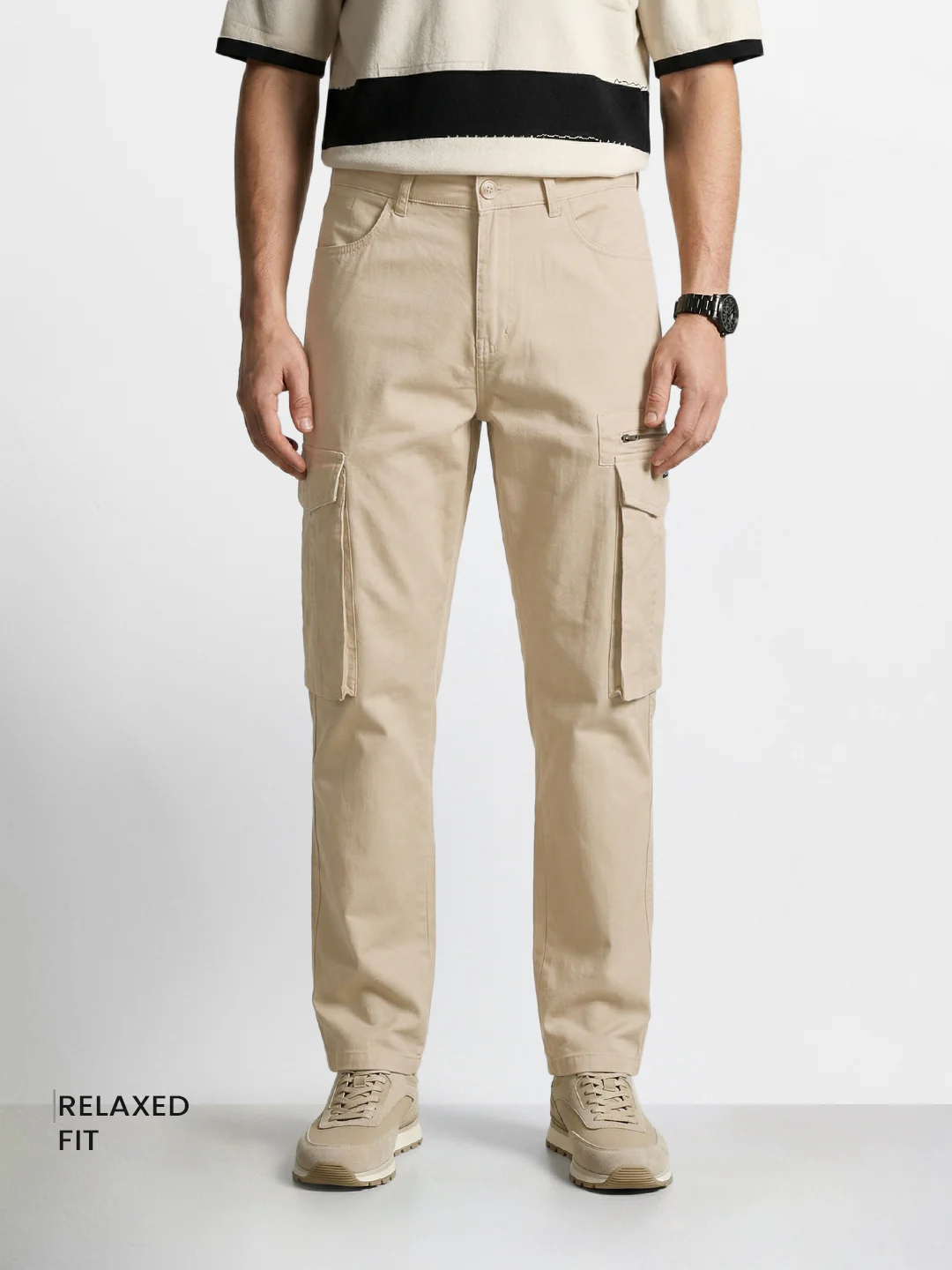 Men's Beige Relaxed Fit Solid Utility Cargo - Image 2