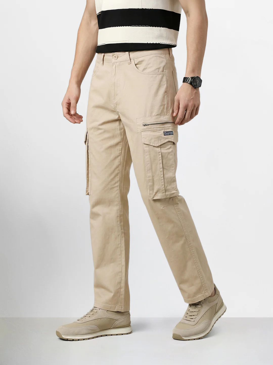 Men's Beige Relaxed Fit Solid Utility Cargo - Image 3