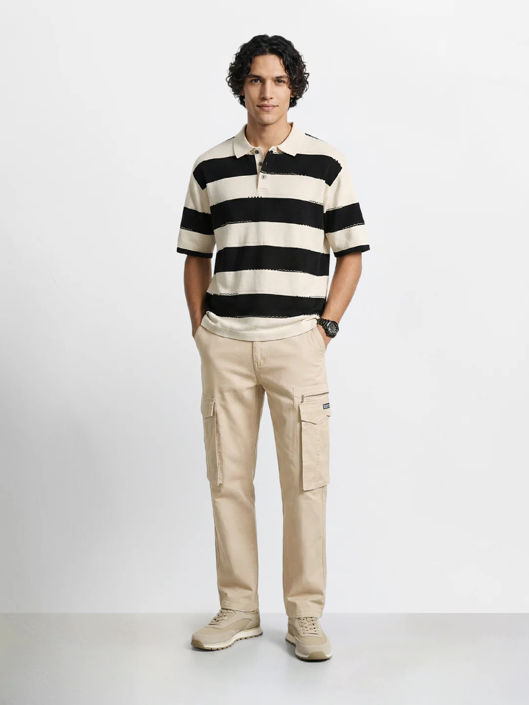 Men's Beige Relaxed Fit Solid Utility Cargo - Image 5