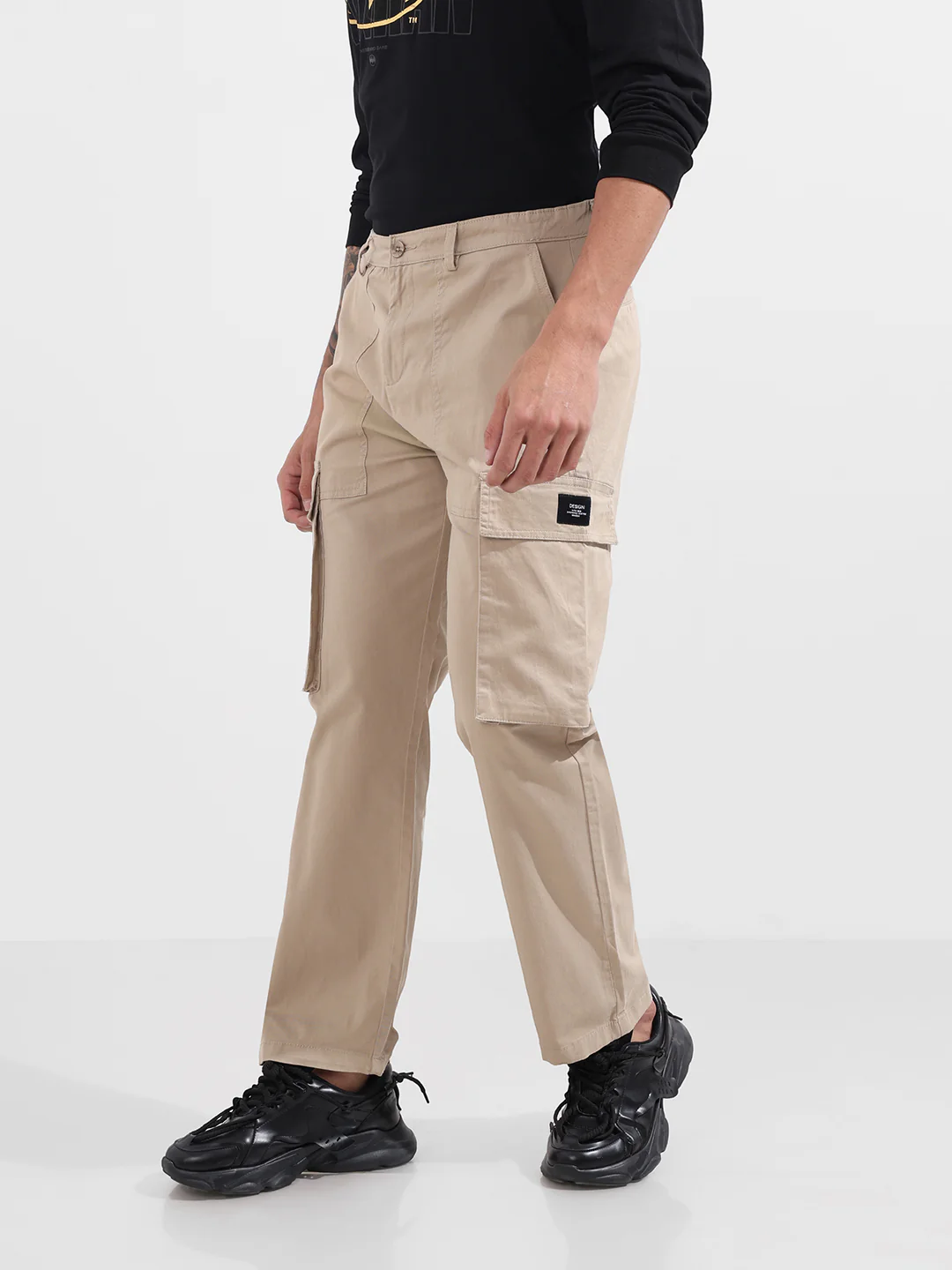 Men's Beige Relaxed Fit Solid Utility Cargo - Image 3