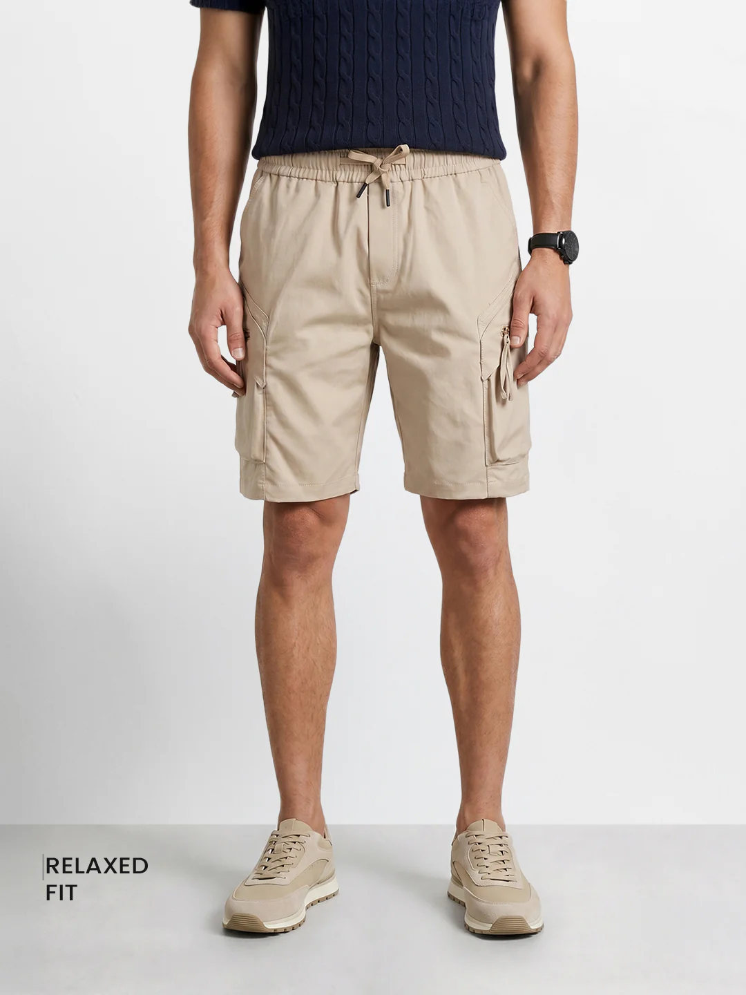 Men's Beige Relaxed Fit Solid Utility Shorts - Image 2