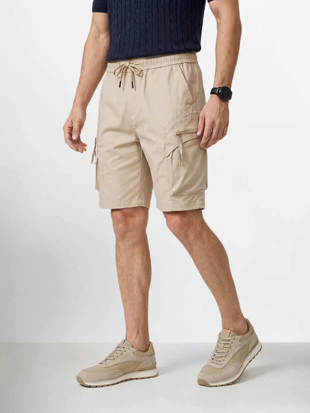 Men's Beige Relaxed Fit Solid Utility Shorts - Image 3