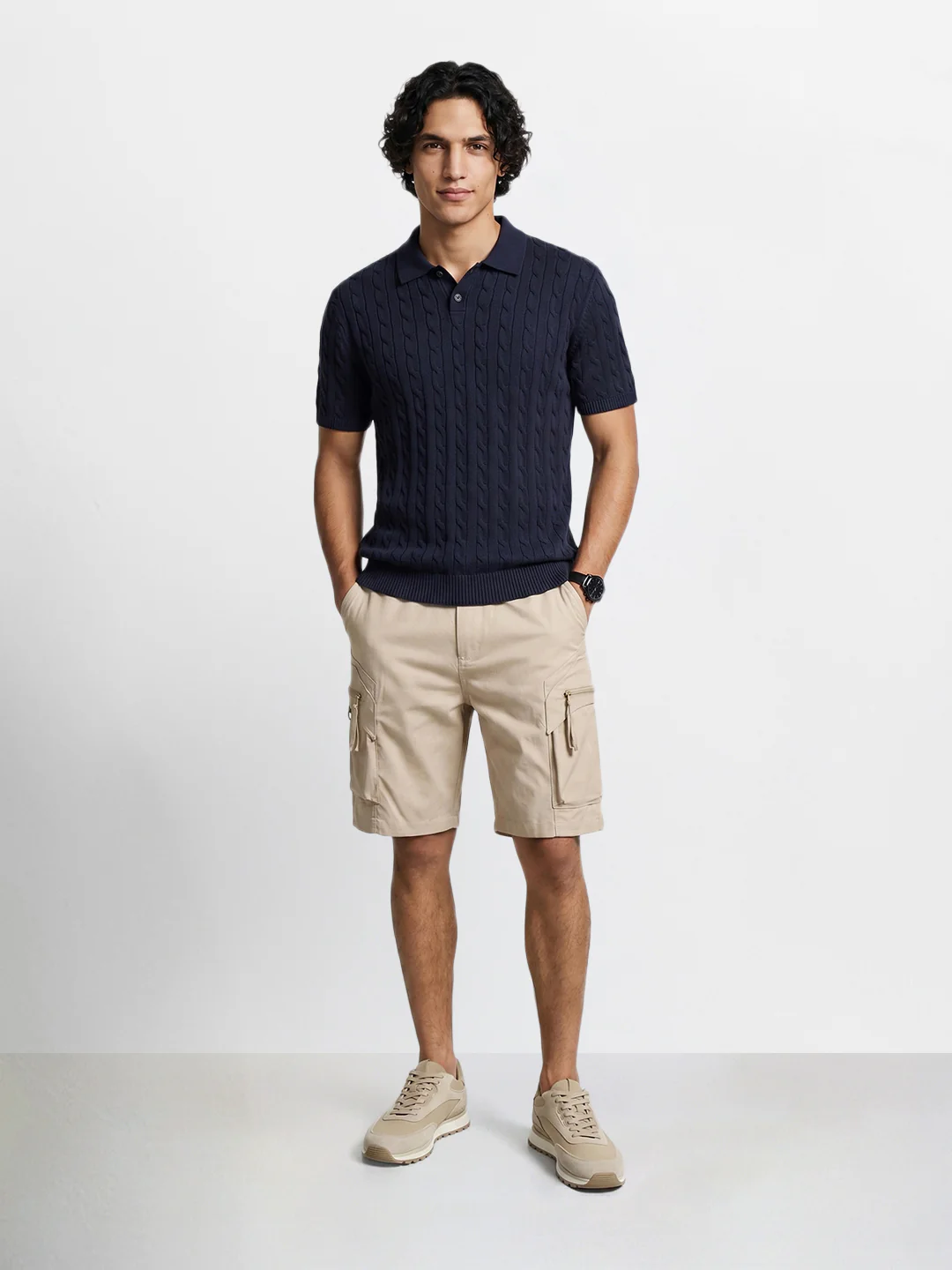 Men's Beige Relaxed Fit Solid Utility Shorts - Image 6